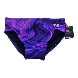 TYR Boys Tyreco Durafast Elite Racer Brief Swimsuit Allover Print Purple Size 24